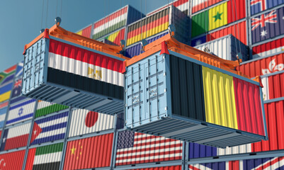 Freight containers with Egypt and Belgium national flags. 3D Rendering 