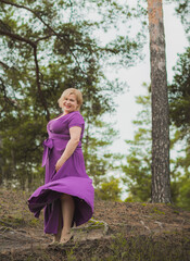 Nice plump lady portrait, lifestyle elegant woman, American chubby woman in fashionable style with vintage elements 