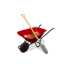 Vector illustration of wheelbarrow with a shovel moving rocks.