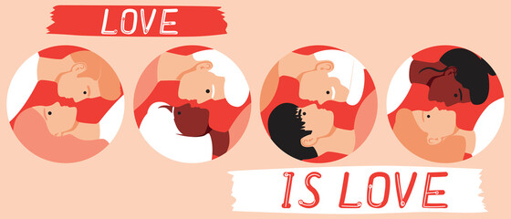 Different couple isolated as concept of romance, love, homosexuality, flat vector illustration with gays, lesbians, old people, different ethnic group