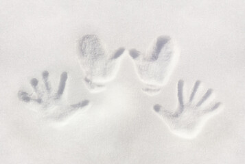 Imprints on the snow of the palms of four human hands on winter. Reliefs of child handprints on the white snow background. - 399783991