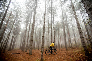 Fototapeta na wymiar Young man biking through autumn forest