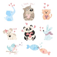 set of illustrations of cute animals with hearts for valentine's day.  animal love stickers.  vector illustration of in love bear, elephant, hare, fish, panda, dog, cat, bird
