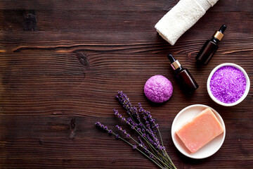 Fototapeta na wymiar Flat lay of spa lavender treatments - cosmetic pharmacy products