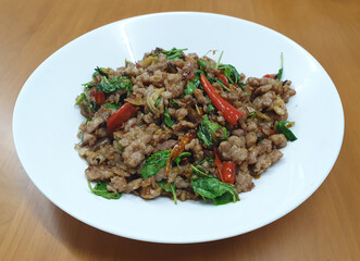 Stir fried Thai basil with minced pork and chilli