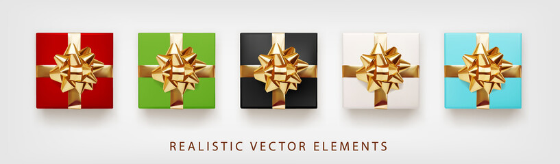 Collection of gift presents with golden foil bow. Set of 3d realistic gift boxes white, red, green, blue colors.