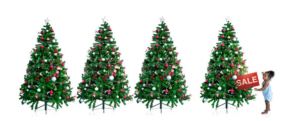 Dark skin girl and christmas tree for sale and discount tag on white background