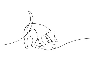 Playful dog in continuous line art drawing style. Puppy playing with a ball minimalist black linear sketch isolated on white background. Vector illustration
