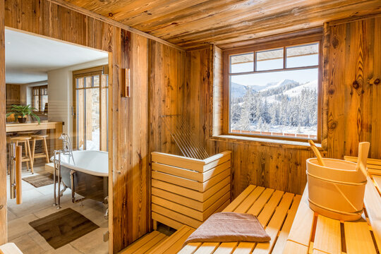 Sauna interior of a luxury alpine chalet in the alps