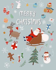 cute hand drawn cartoon set of merry Christmas greeting card with Christmas ornament decorative isolated on blue background. Christmas illustration for poster and banner during season greeting