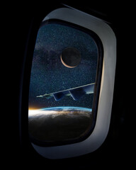 Above the earth in the orbit from plane window | Image compositing