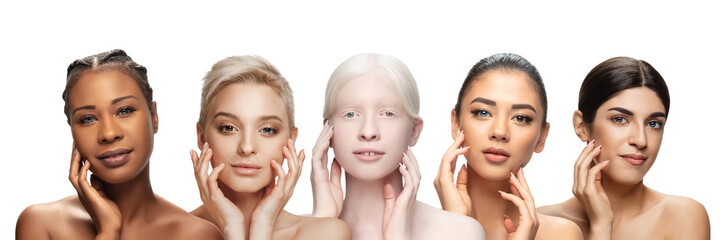 Multi-ethnic beauty. Different ethnicity, beautiful young women with heterochromia on white...