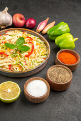 front view delicious vegetable salad with seasonings and fresh vegetables on the grey background diet health color photo ripe salad food