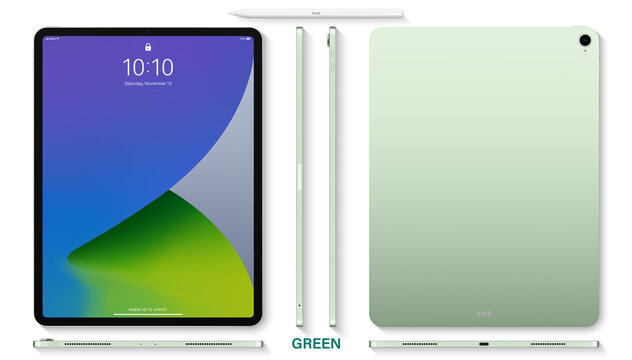 tablet green color with colorful touch screen saver and stylus top view isolated on white background. flat lay mockup of realistic and detailed device. stock vector illustration