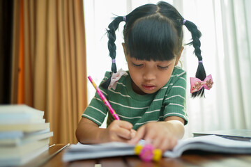 Asian student child girl writing on the paper book.