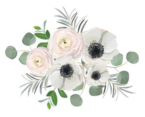 Hand drawn floral bouquet with anemone ranunculus rose peony flowers, eucalyptus branches and leaves. Vector illustration for greeting card or weddong invitation design