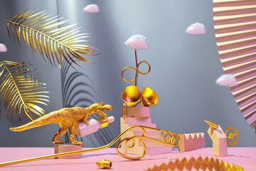 Monumental composition with dinosaur, egg, cosmetic oil for the face with catwalks, stairs, palm leaves and geometric shapes in blue and gold colors, beauty concept.