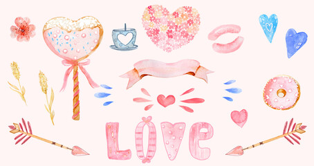 Valentines watercolor set with pink hearts, lollipop, tape, arrows, donut, kiss, flower and word LOVE.  Design elements for postcards, wedding invitation, greeting card, patterns and more.