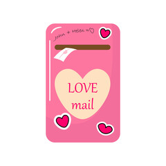 Love mail for valentine's day. Pink postbox with letter and stickers. Vector flat illustration.