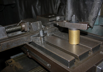 Industrial drill stand. Large metal machine for work in a factory.