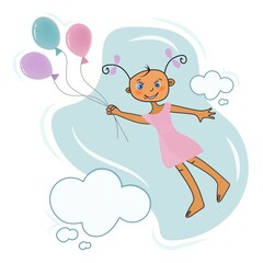 Cute illustration of a cute fanny little girl flying in a pink dress with colorful balloons in the sky.