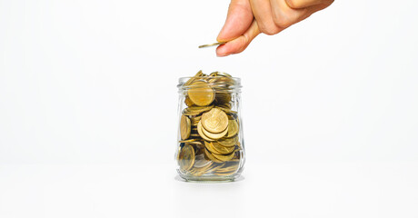 male or female hand putting coins in jar with money stack step growing growth saving money, Concept finance business investment. strategy business and financial to success target.