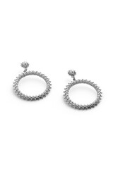 Subject shot of silver stud earrings made as large dangling circles and decorated with glistening pearls and glowing brilliant-like crystals. The elegant earrings are isolated on the white background.