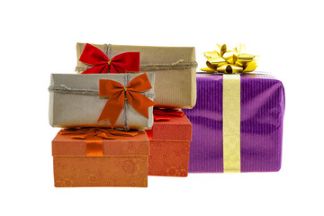 stack of giftbox gift for Valentine's Day red, with brown craft paper and red baht, lilac with gold ribbon