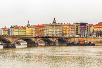 Czech Republic. Prague 02/26/2017. View from the river to the European city and the stone bridge