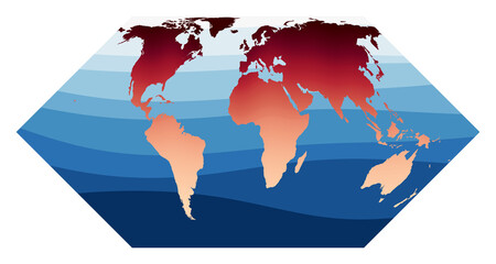 World Map Vector. Eckert II projection. World in red orange gradient on deep blue ocean waves. Appealing vector illustration.