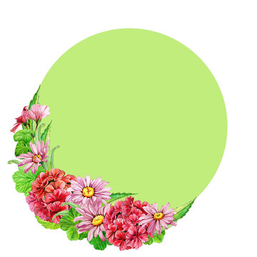 Green round icon, frame with flowers chamomile geranium, with place for text. Hand drawn watercolor illustration on white background.
