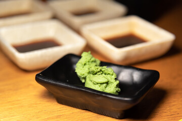 Mustard sauce, wasabi, pungent spicy condiment for sushi, pickles or salads
