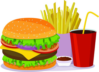 Colorful vector image of a hamburger, a package of French fries, sauce and a glass of soda. drawing in a flat style. Bright juicy colors that lift the mood and cause appetite.