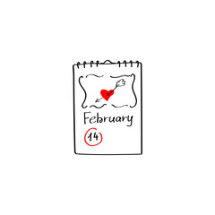 Flip calendar with the marked date of Valentines day. Love Doodle element. Hand-drawn vector calendar. Simple linear style. Black outline isolated on a white background