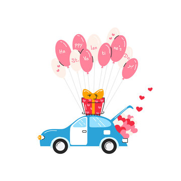 Happy Valentine's day vector illustration with car isolated. Retro blue vehicle with big gift, balloons, heart shapes. Romantic design for greeting card, sticker, poster, print. Cute love flat symbols