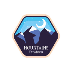 blue mountains expedition with moon landscape label vector design