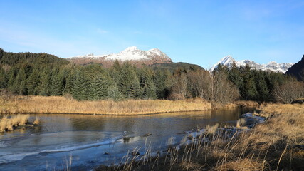 Icy Spring Creek with the Kenai Mountains in the background on a sunny cold winter day in Seward Alaska
