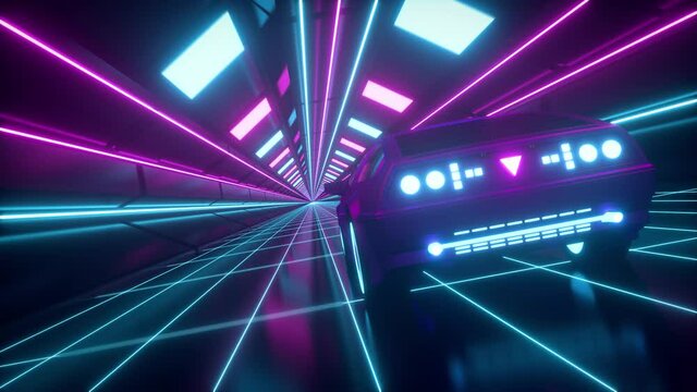 3D Cyberpunk Retro Synthwave Car Tunnel Landscape VJ Loop Motion Background
