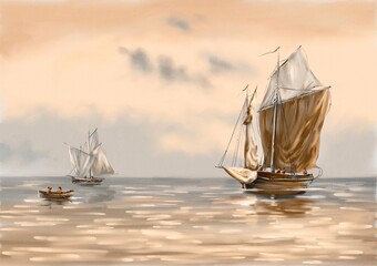 Fishing boats. Waercolor painting sea landscape. Fine art.