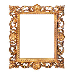 The frame for a picture or a photograph is carved with luxurious ornamentation stylized as a baroque. Blank center isolated on white background