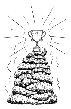 Cartoon vector drawing or illustration of trophy victory cup for winner standing on top of big heap or pile of shit or excrement.
