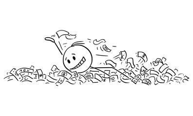 Vector cartoon stick figure illustration of successful man or businessman swimming in water,river,sea,ocean, pool or lake of dollar currency banknotes or money or cash.