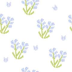 Floral pattern wtih blue flowers, cross stitch seamless background, white color
