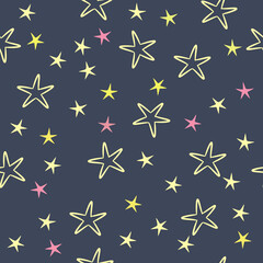 Seamless pattern with stars, dark blue background, pink yellow and dark blue colors