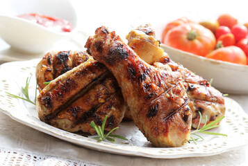 Roasted chicken or turkey legs for celebration and holiday. Christmas, thanksgiving, new year's eve dinner