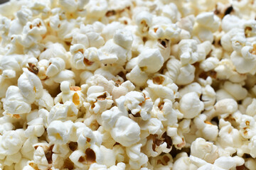 closeup shot of white salted popcorn for background