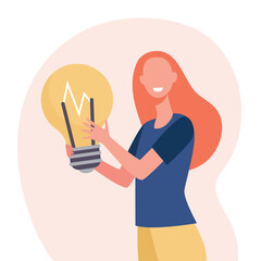 Happy woman holding big bulb and smiling. Idea, solution, thought flat vector illustration. Startup and achievement concept for banner, website design or landing web page