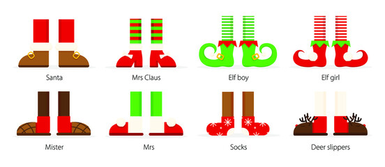 Set of Christmas family feet. Merry Christmas background or banner with elf feet set.  Elf shoes and striped stockings icons. Cute anta helpers elves legs, boots. Vector illustration