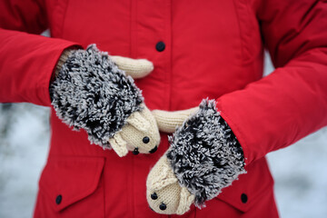 Warm hedgehog-shaped mittens
