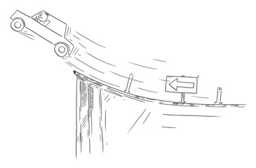 Vector cartoon stick figure illustration of driver in car flying out on unexpected end of the road. Concept of problem, risk, investment or sudden crisis.